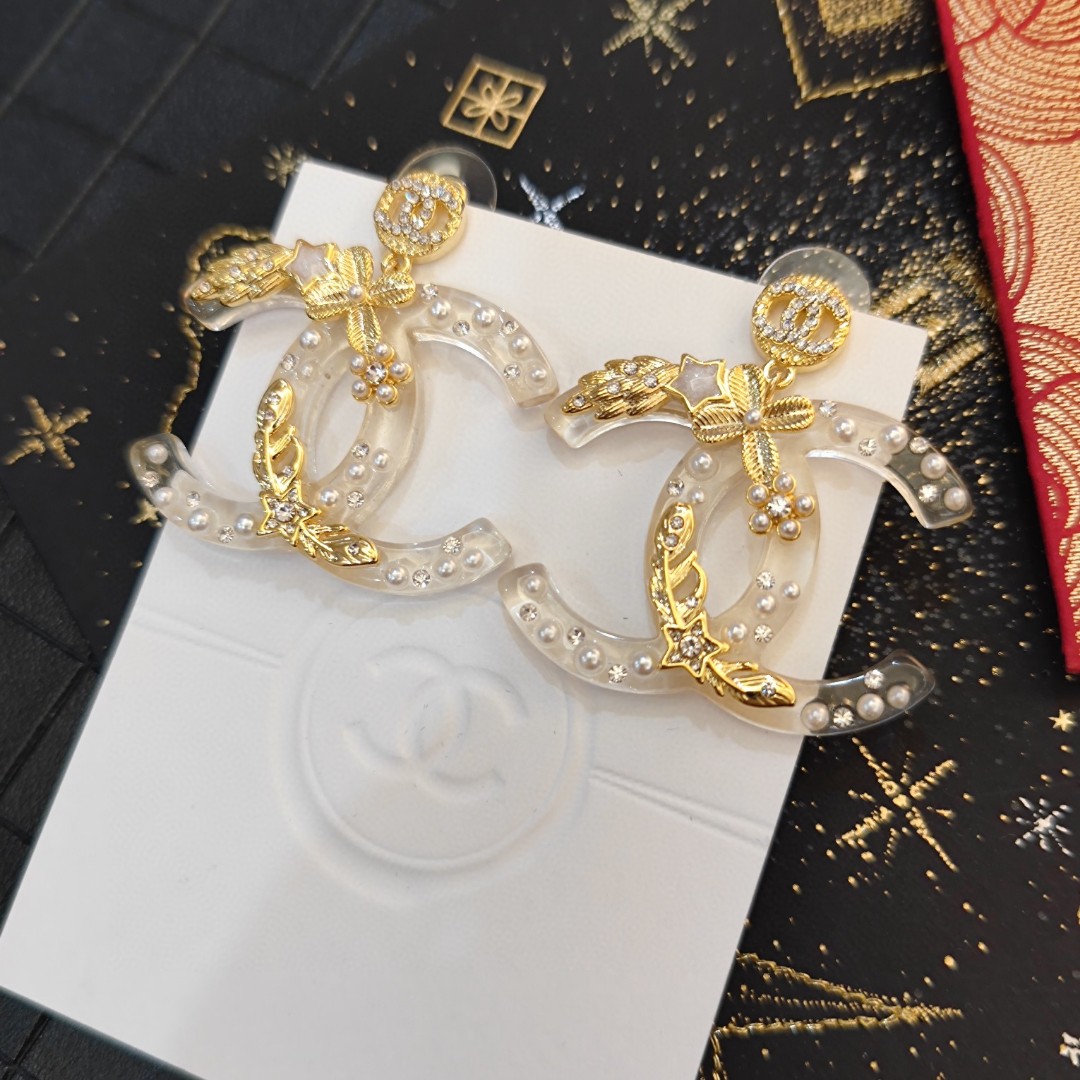 p80CHANEL Chanel transparent crystal pearl camellia monogram earrings gold colorful flower transparent earrings