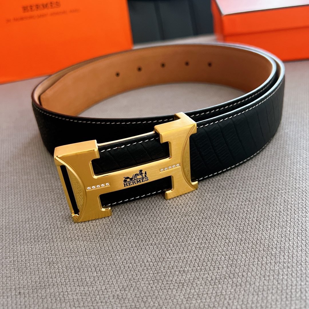 Belt Hermes diamond-encrusted steel buckle, handmade cm double-sided original leather, exclusive for Hermes